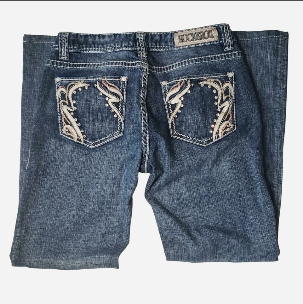 **sold 3-14-26**Rock & Roll blue Denim Embellished Jeans Mid Rise size 30